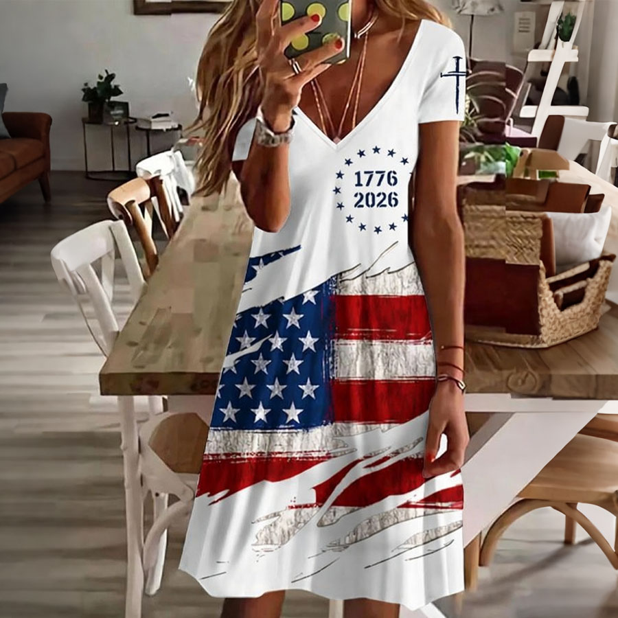 Women'S Daily Casual V-Neck American Flag Independence Day Celebration Printed Dress