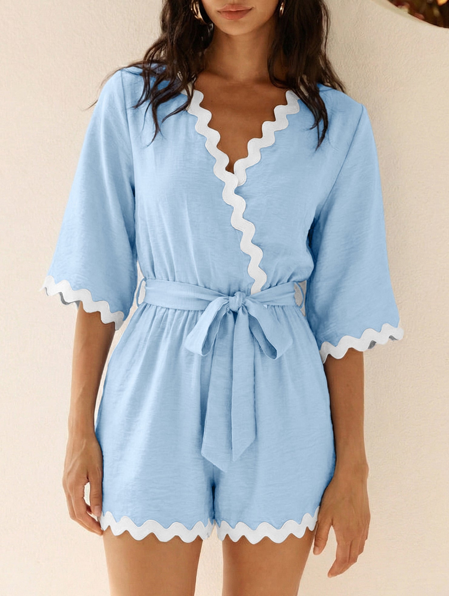 V Neck Lace Trim Romper