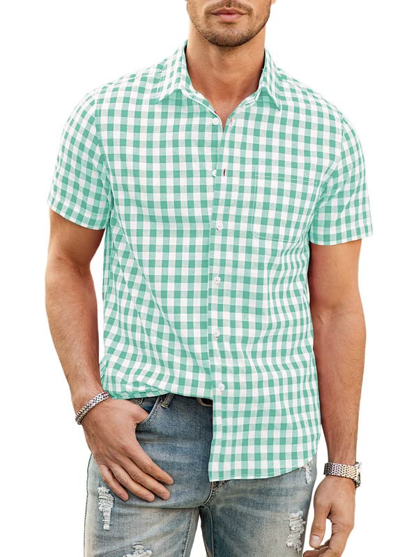 Mens Casual Button Down Shirts Short Sleeve 100% Cotton Plaid Shirts for Men