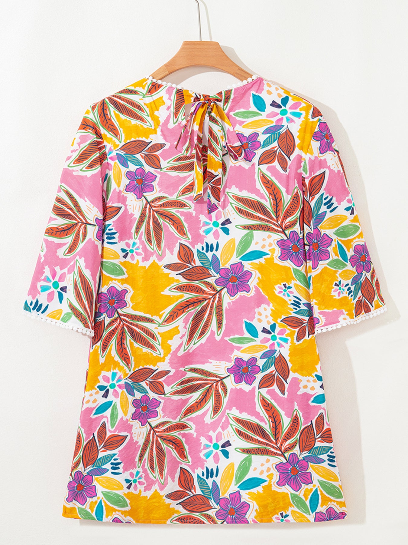 Floral Print Lace Trimmed Tie Back Bell Sleeve Swing Mini Dress