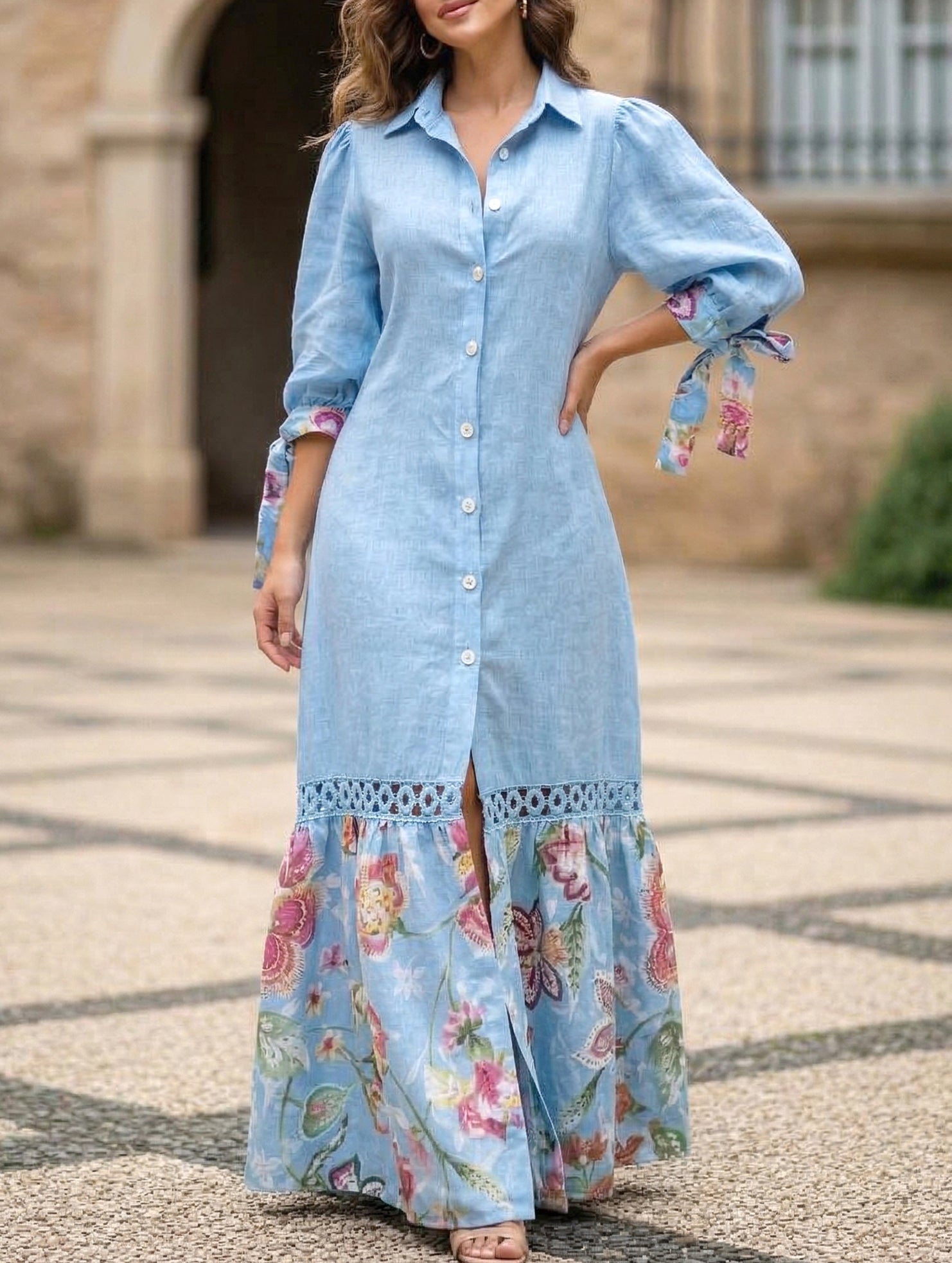 Lace Tie Sleeve Shirt Dress