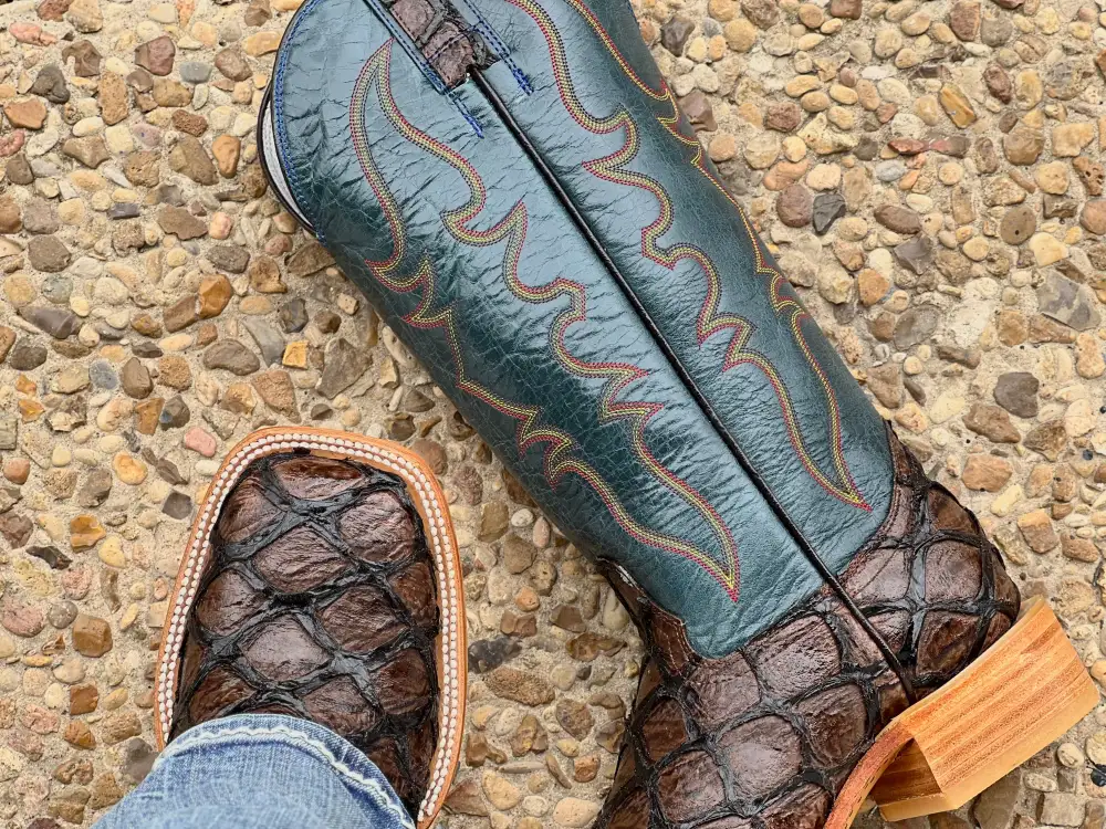 Men’s Brown Pirarucu Leather Boots With Blue Shaft