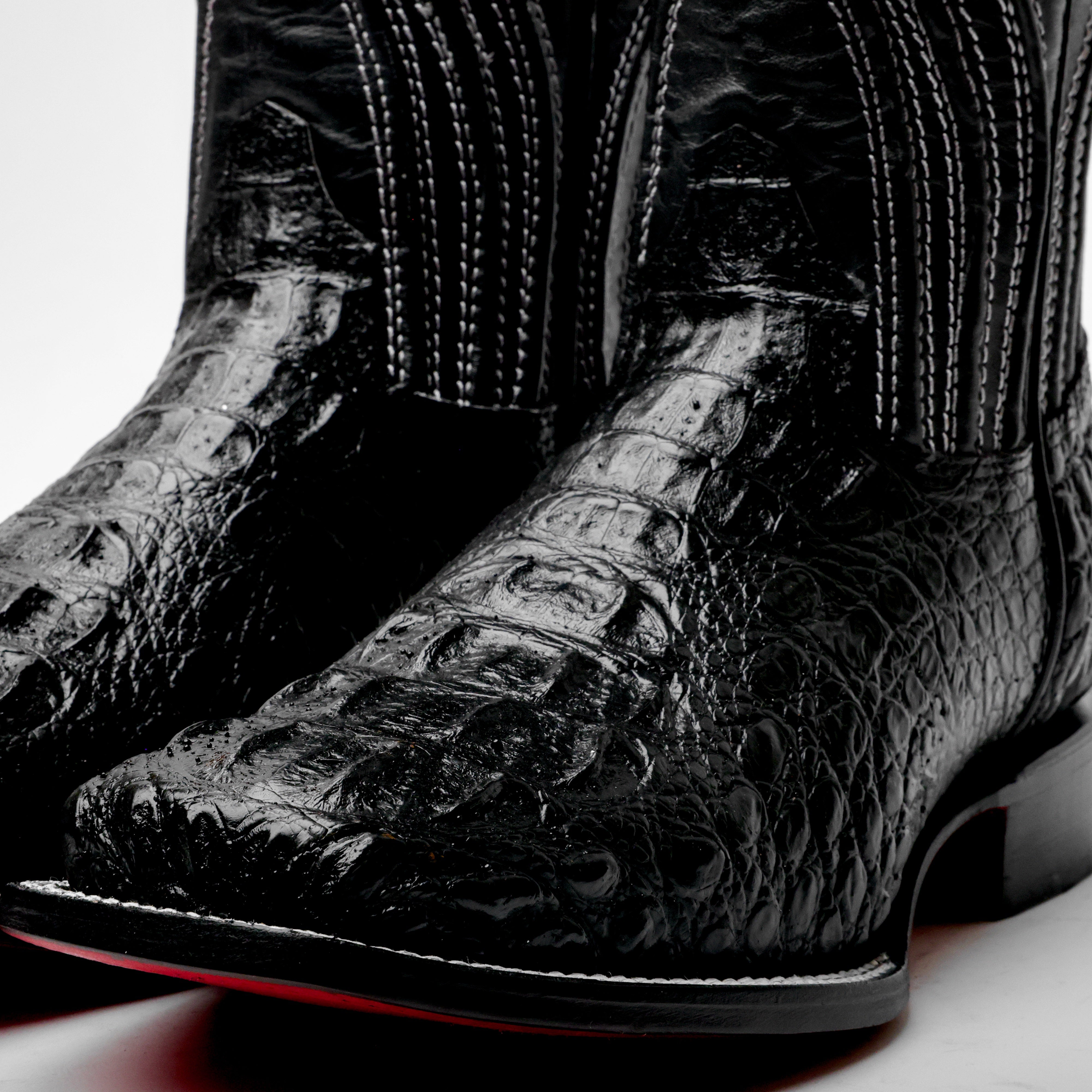 Black Caiman Neck Leather Boots - Square Toe