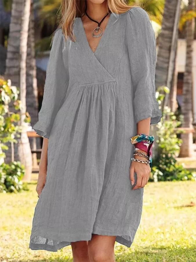 Women's Cotton and Linen Half Sleeve V-neck Loose Casual Pocket Dress