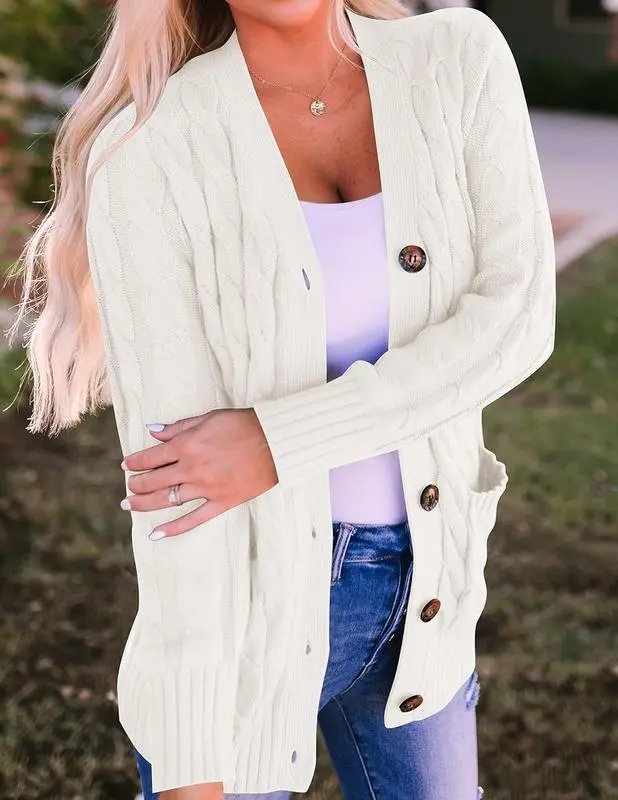 Women's Fall Casual Long Sleeve Button Down Open Front Cable Knit Cardigan