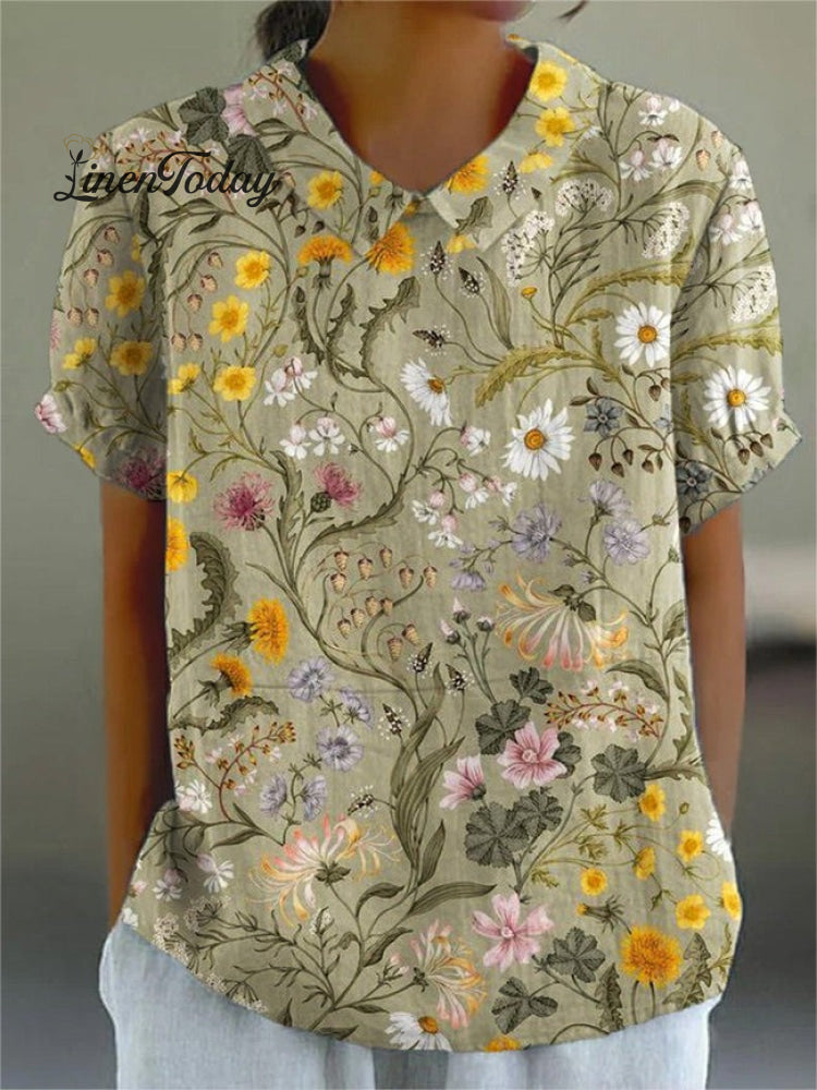 Women's Retro Floral Art Print Casual Cotton And Linen Shirt