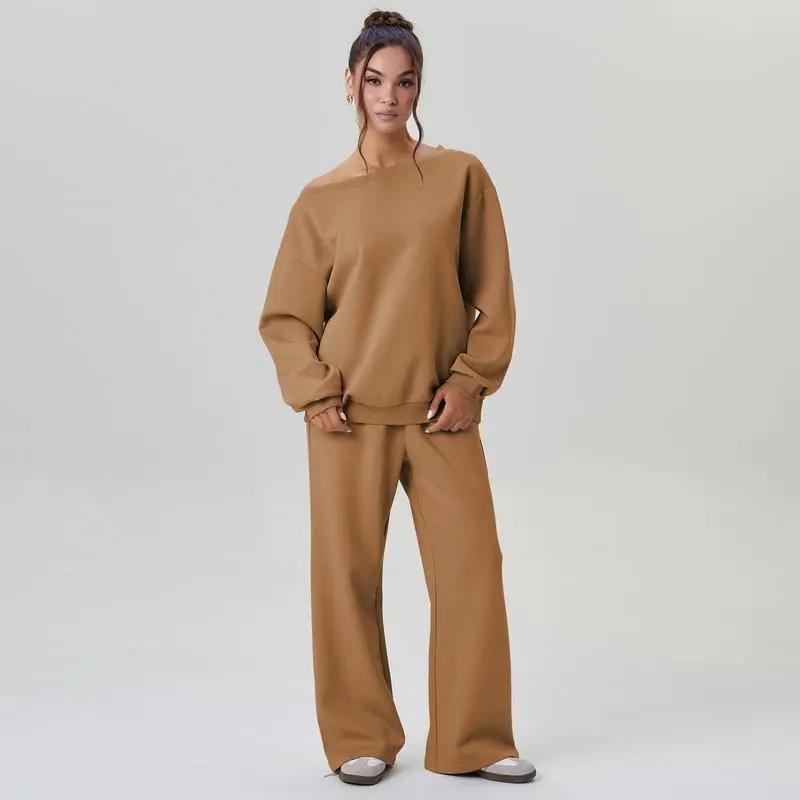 🔥Last Day 89% OFF🔥Women's Leisure Solid Color Sloping Shoulder Long Sleeve Top & Wide Leg Trousers Set