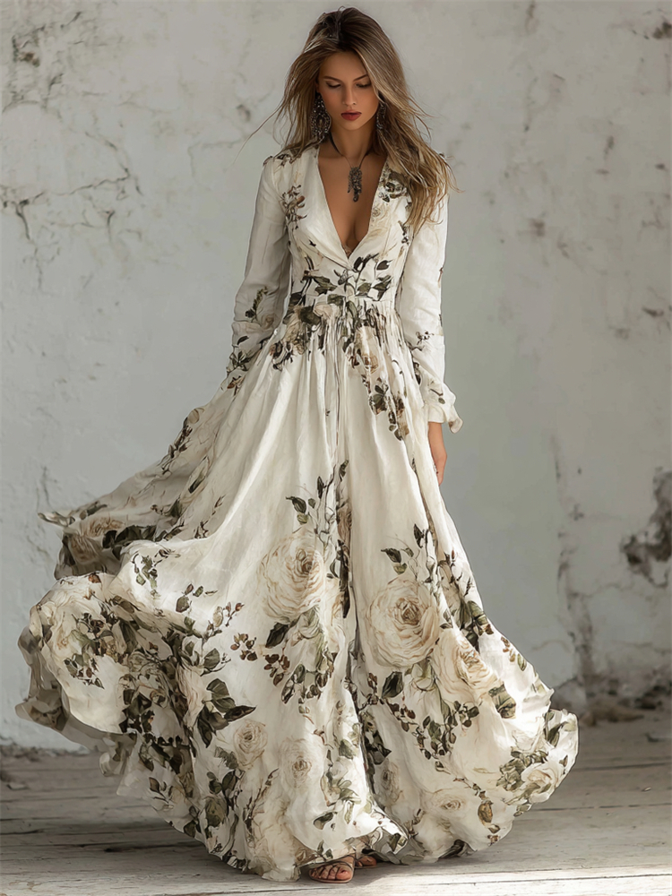 Classy White Roses Print V Neck Flowy Maxi Dress