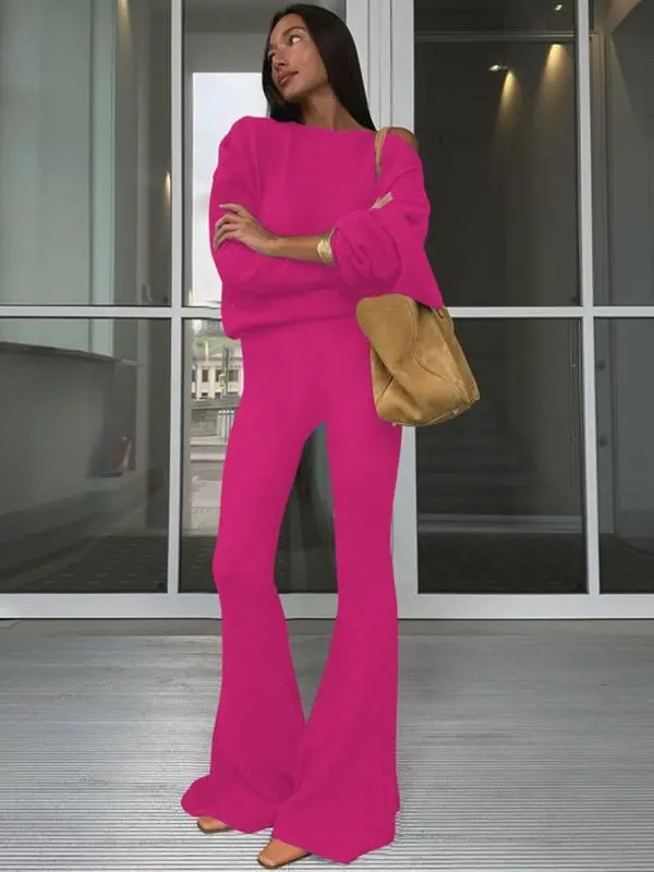 Women's Solid Asymmetrical Neck Top & Flare Leg Pants Set