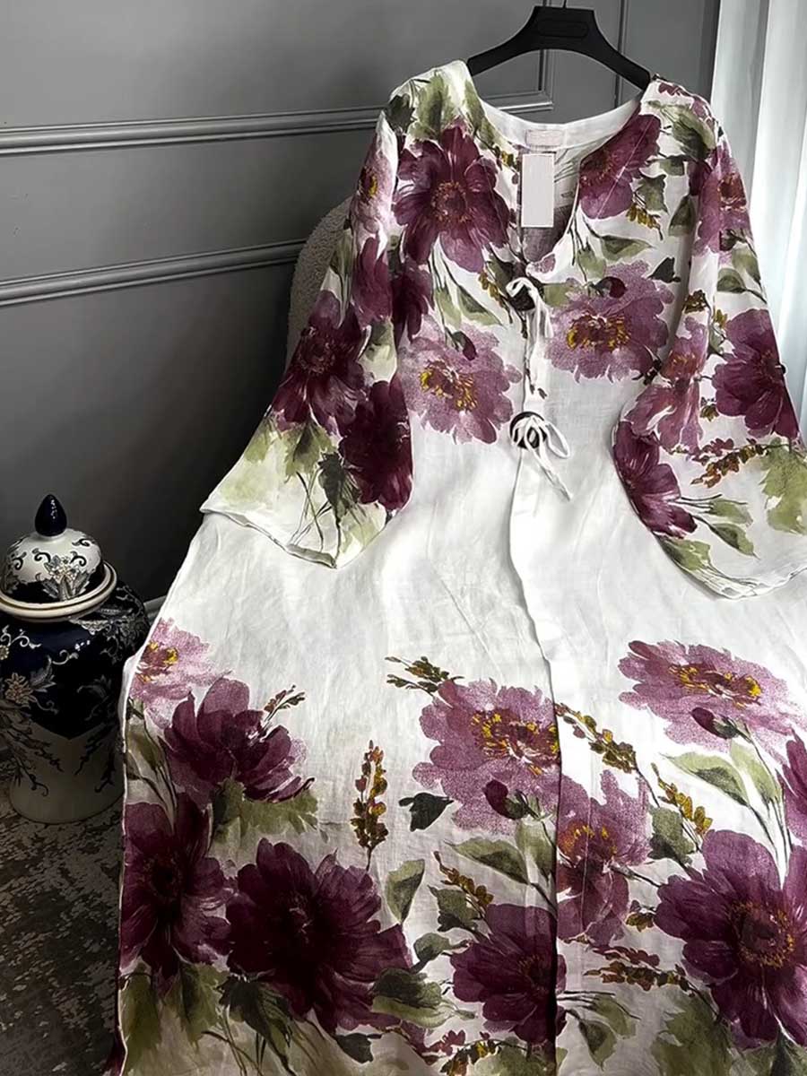 Women's V-neck Long Sleeve Vintage Positioning Print Casual Loose Cotton and Linen Dress