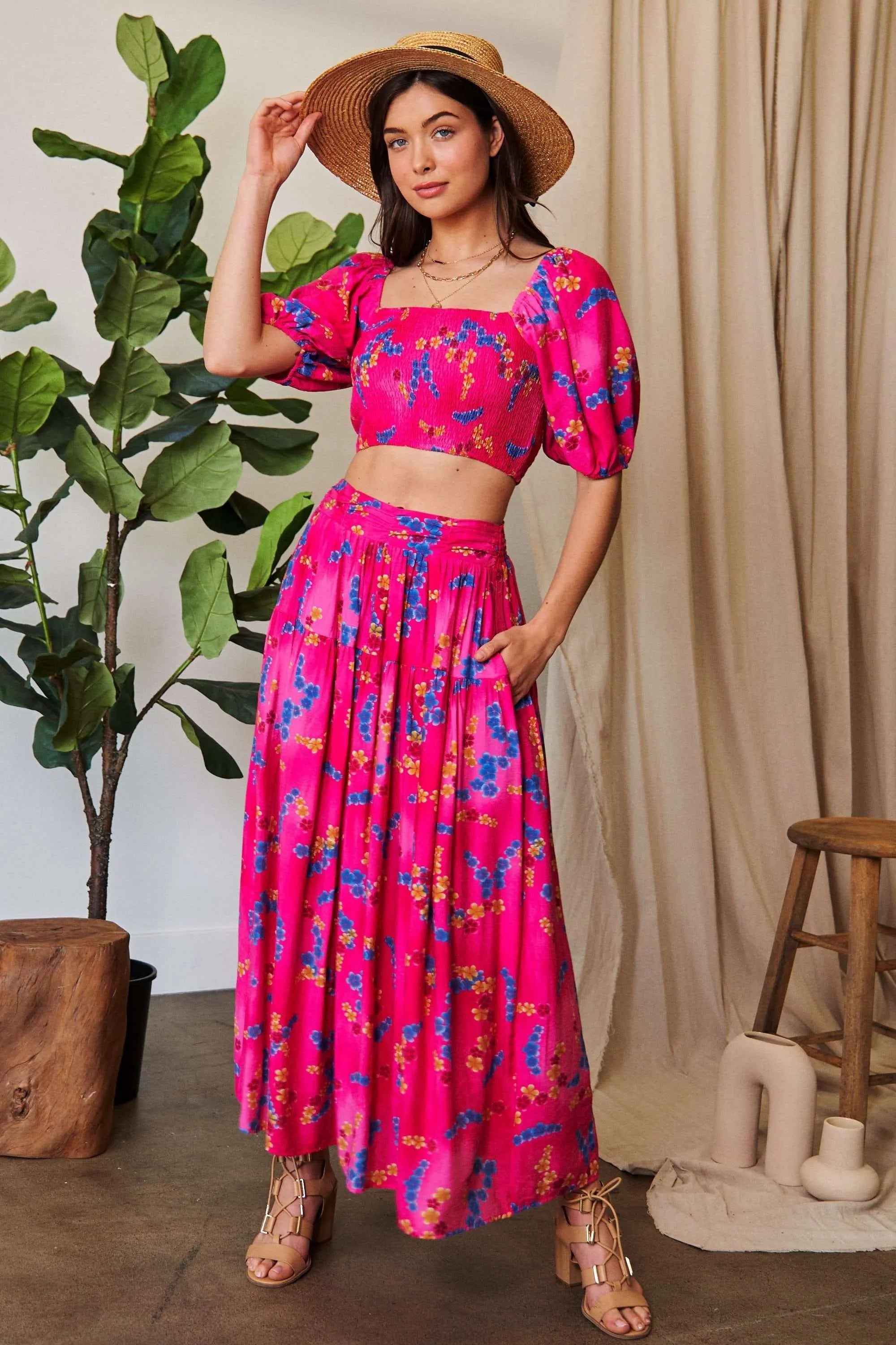 Printed Smocking Waistband Ruffled Maxi Skirt