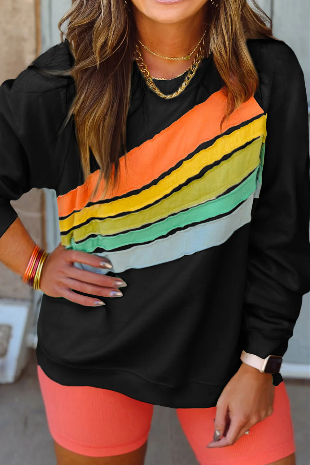 Colorblock Striped Patchwork Side Pockets Zipper Hoodie
