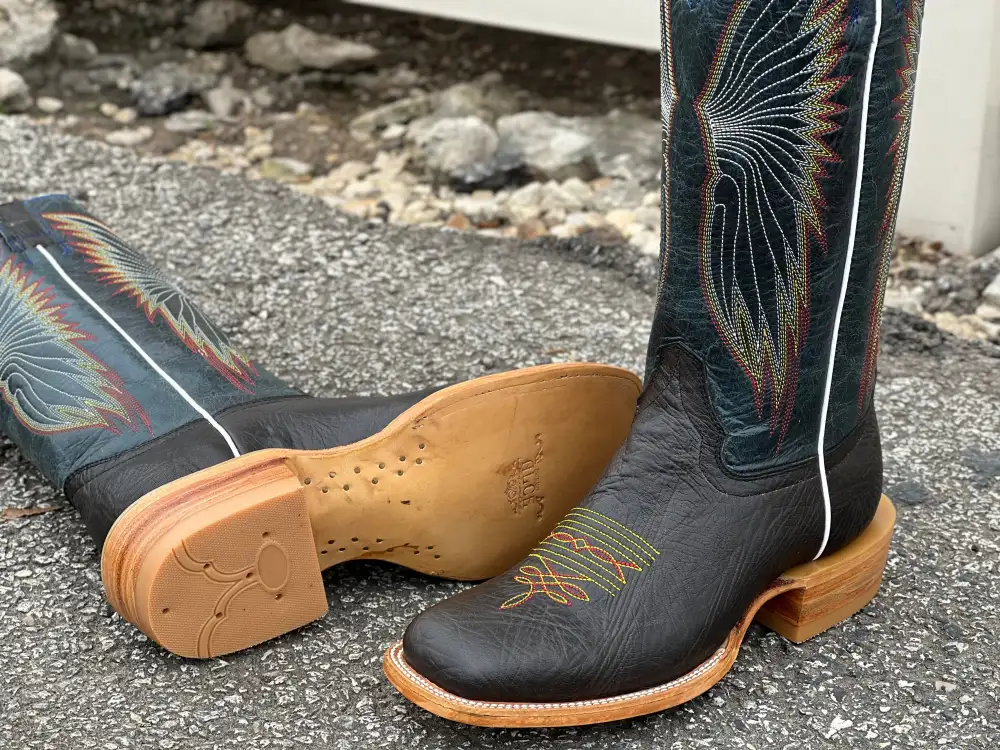 Men’s Black Shoulder Leather Boots With Navy Blue Shaft