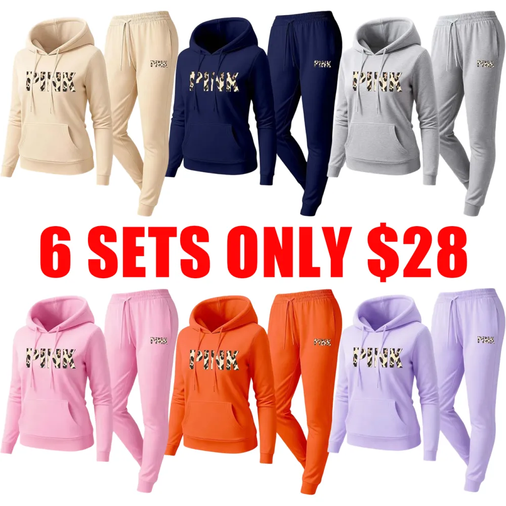 Women's Leopard Pink Print Hoodie & Drawstring Sweatpants Set