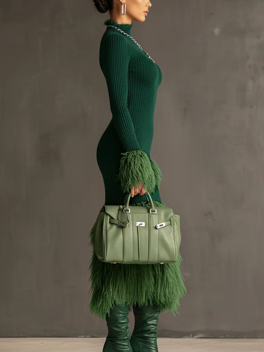 Emerald Knit Patchwork Eco Faux Fur Long Sleeve Bodycon Dress