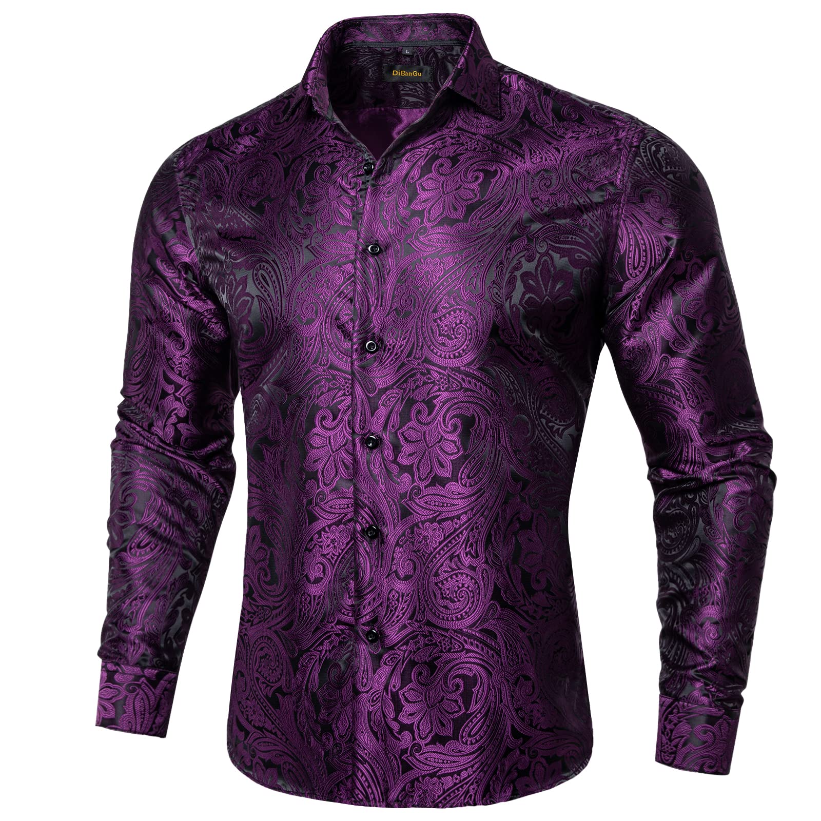 Men's Paisley Dress Shirt Long Sleeve Wrinkle Free Button Down Cowboy Shirts - Purple&black&paisley