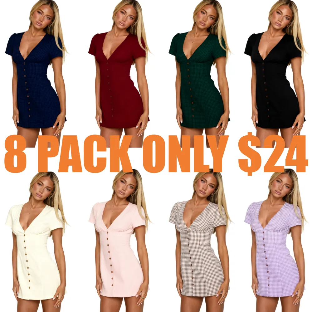 Vintage Checkered Deep V-Neck Fitted Mini Dress