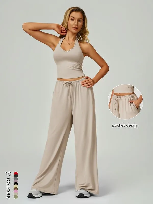 Women's Solid Crop Tank Top & Wide Leg Pants Set