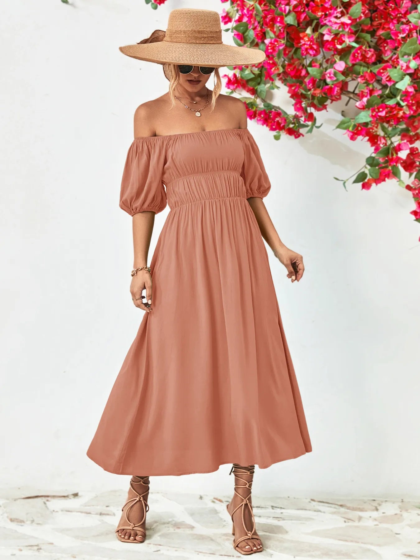 Off-Shoulder Puff Sleeve Smocked Maxi Dress
