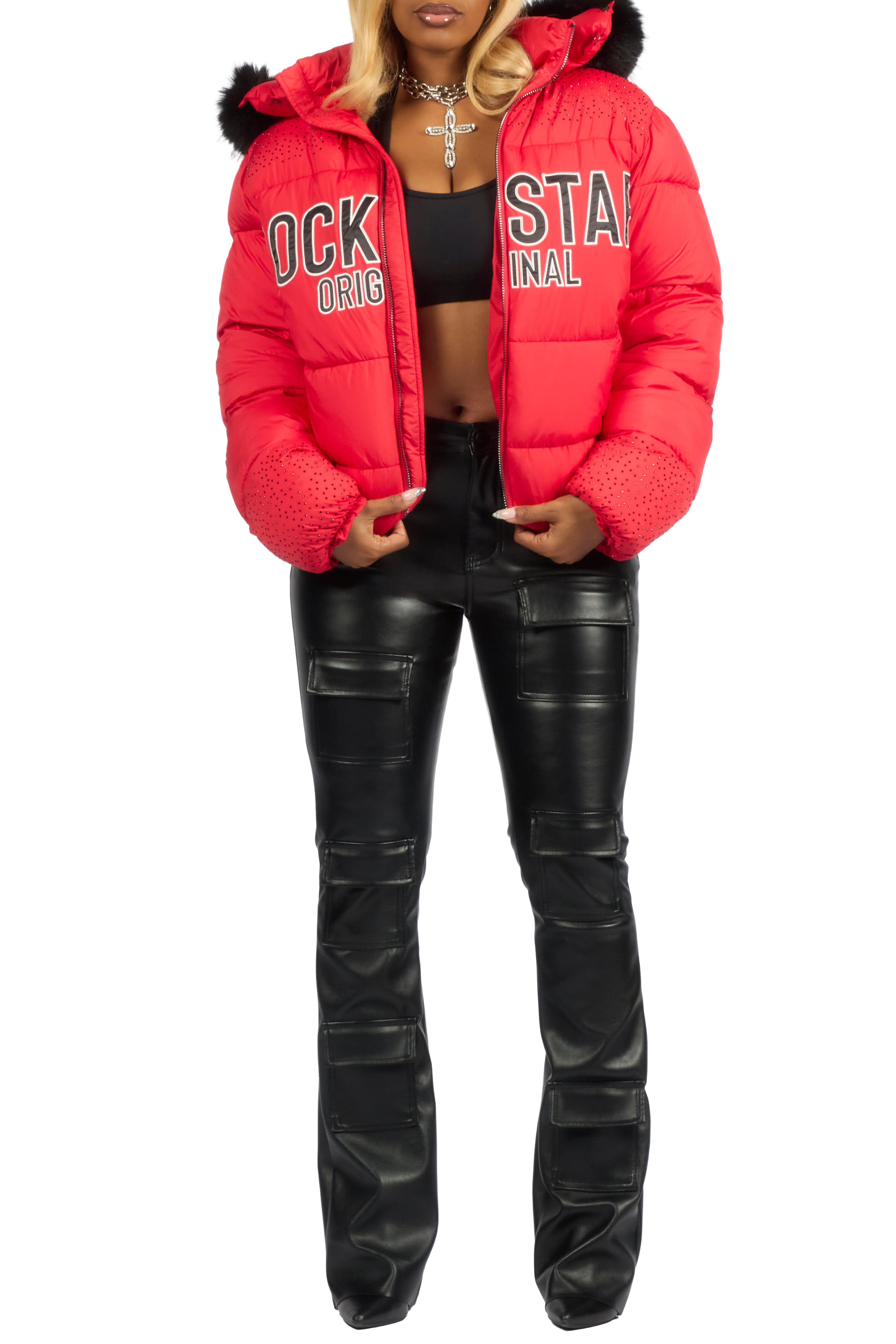 Natia Red Oversized Rhinestone Puffer Jacket
