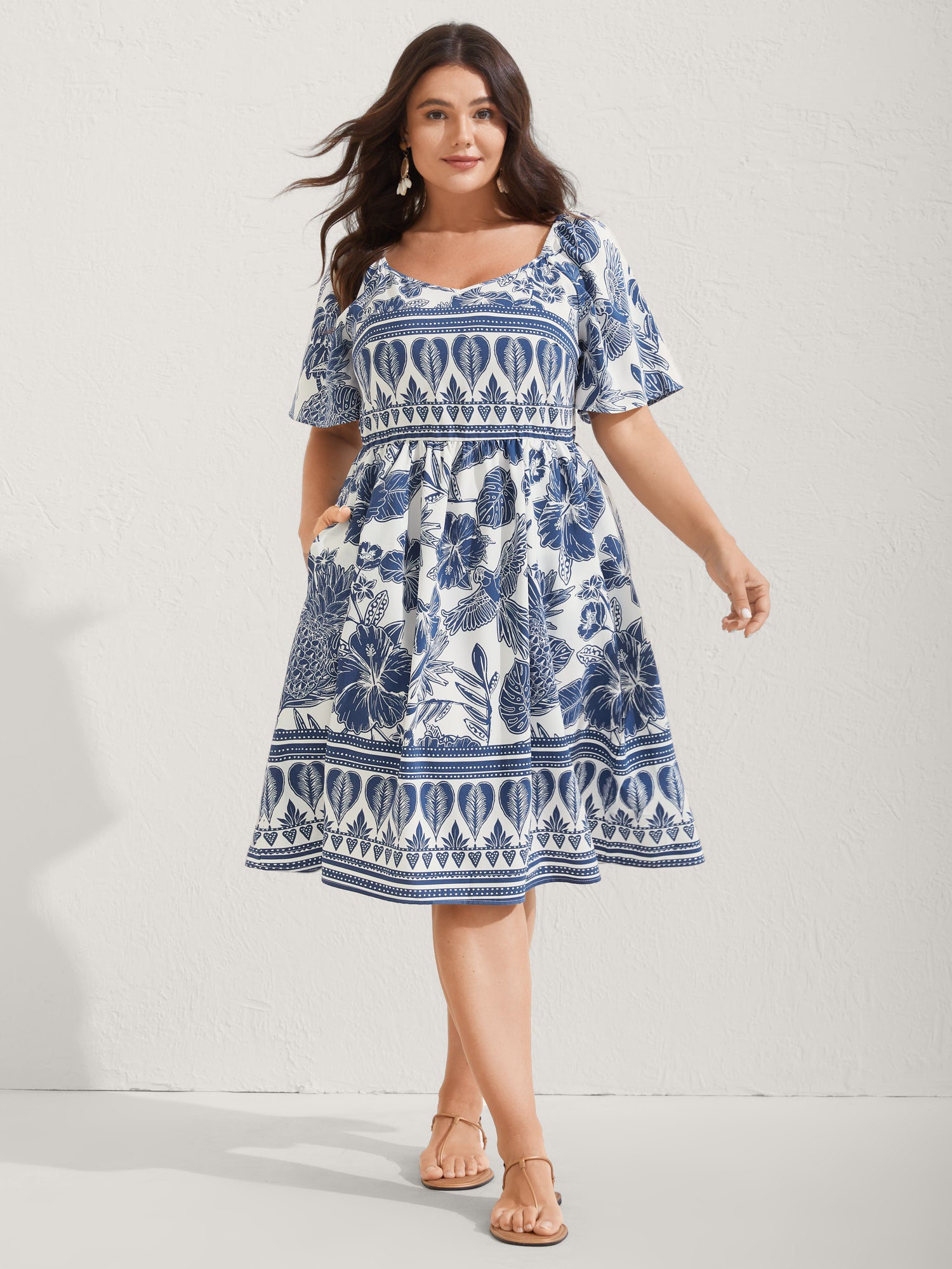 Boho Print Fit Flare Pockets Mini Dress