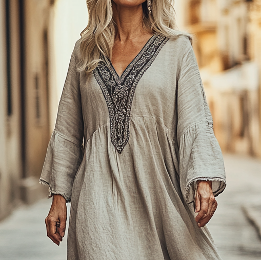 Vintage Loose Linen Patchwork Dress 5bb3