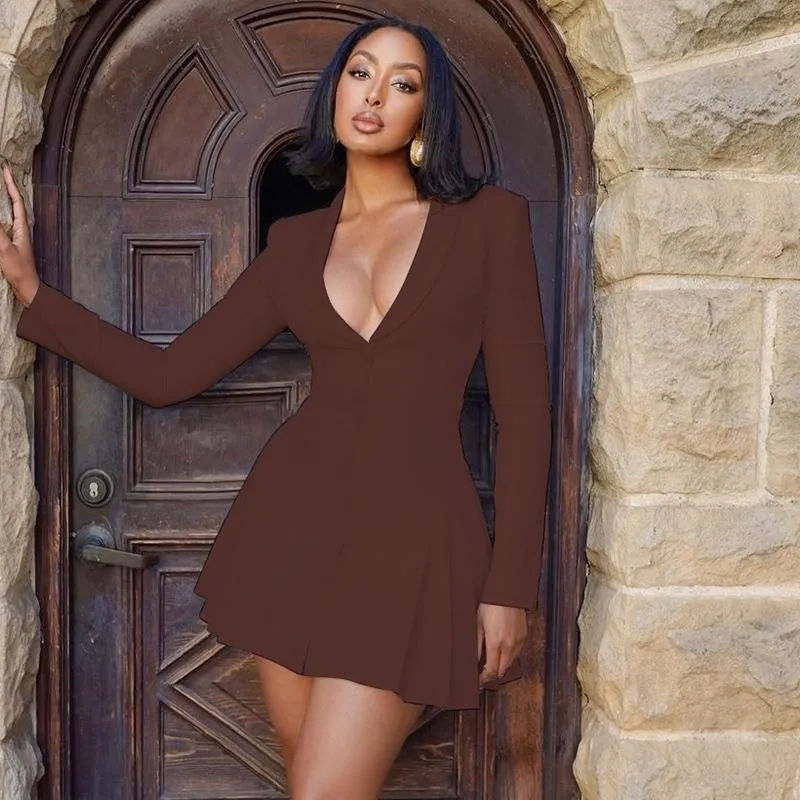 Women's Solid Deep V-Neck Pleated A-Line Dress, Elegant Button Front Long Sleeve Short Dress for Spring & Fall
