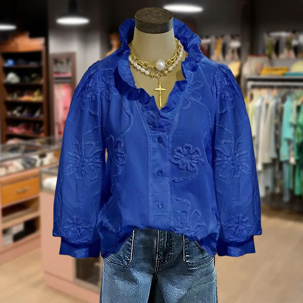 Cherrybetty 100%Cotton Elegant Embroidered Flower Ruffle Neck Puff Sleeve Cotton Top Women Casual Style Vintage Blouse Cute Fall Outfits for Womenswear