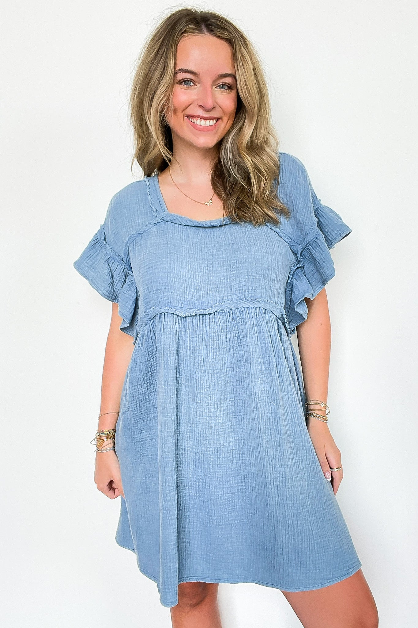 Mineral Washed Square-Neck Ruffle Sleeve Dress