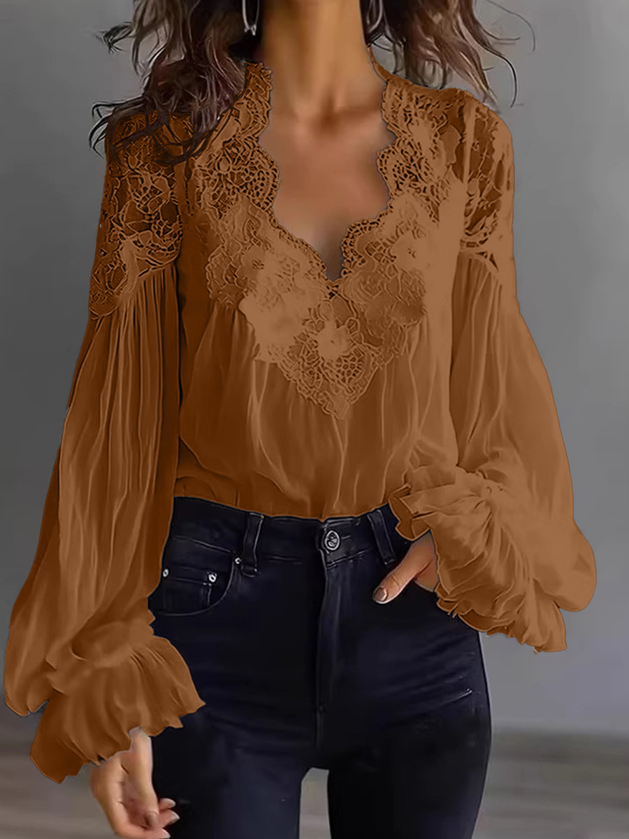 Women's Lace Patchwork Puff Sleeve Shirt