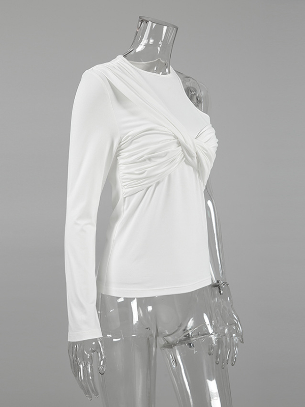 Asymmetric Knot Pleated Solid Color Long Sleeves Skinny Round-Neck T-Shirts Tops