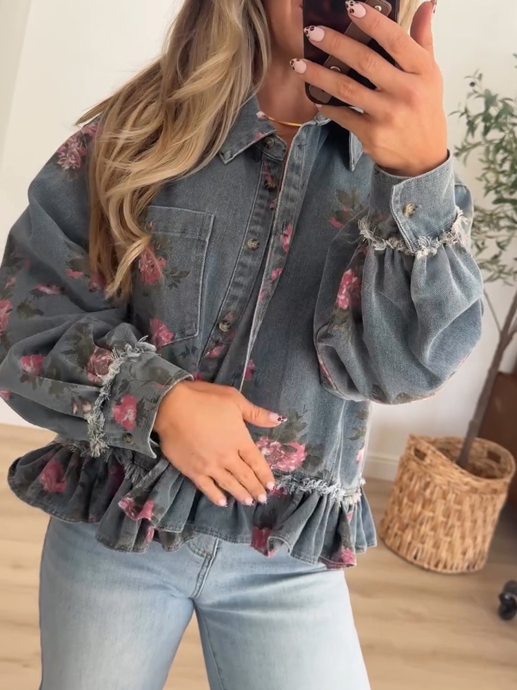 Women Lapel Printed Casual Denim Jacket