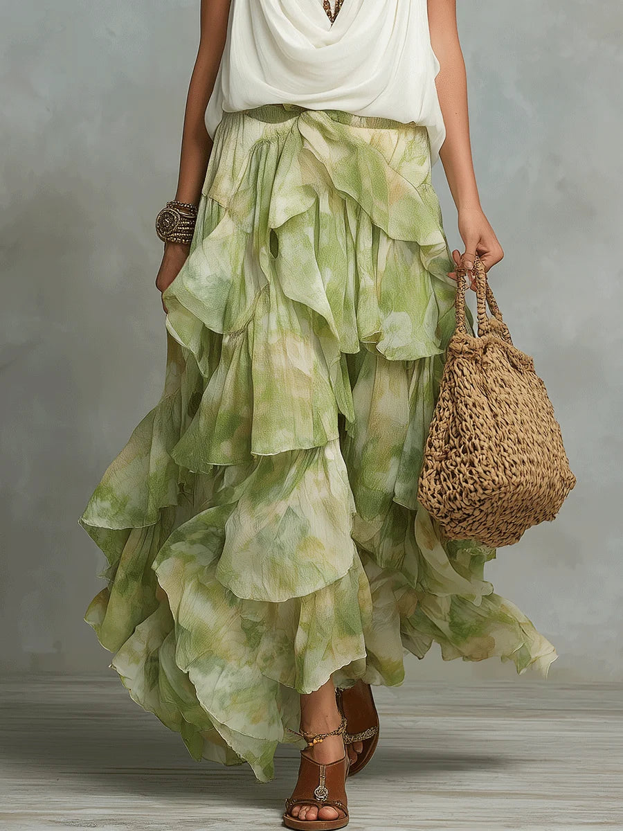 Women's Chic Ivory Draped Top & Green Ruffle Maxi Skirt Set