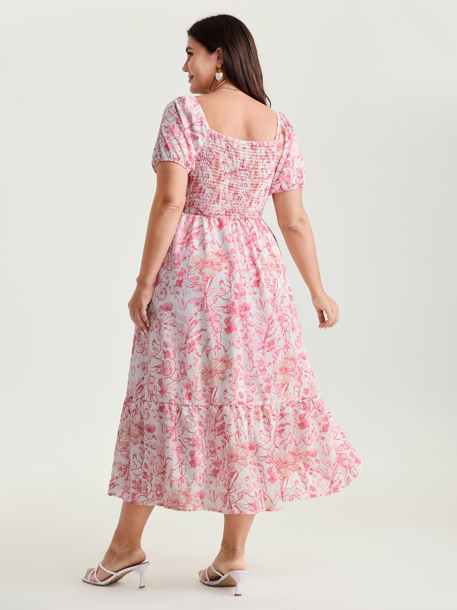 Romantic Floral Ruched Bodice Stretchy Waist Midi Dress
