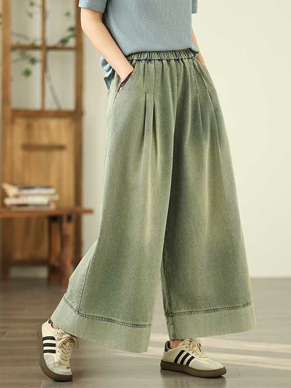 Elasticity Pleated Pockets Loose Wide Leg Trousers Jean Pants Bottoms