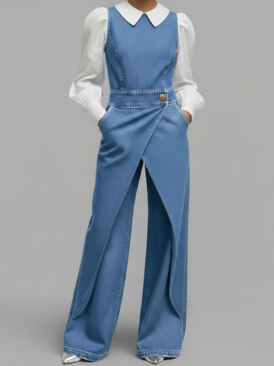 Women's Round Neck Sleeveless Casual Loose Denim Wide-leg Jumpsuit