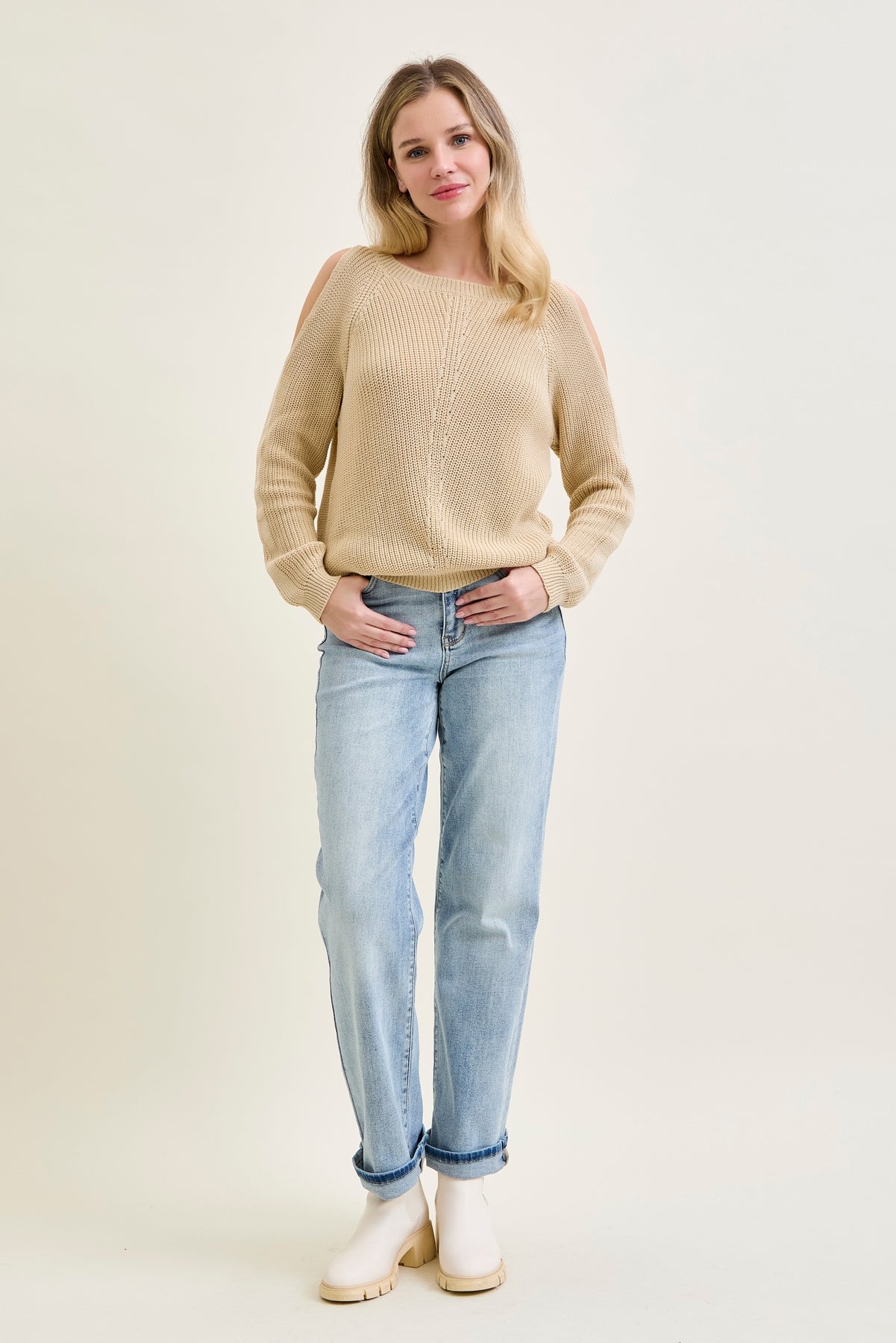 Chevron Stitch Cold Shoulder Beige Sweater