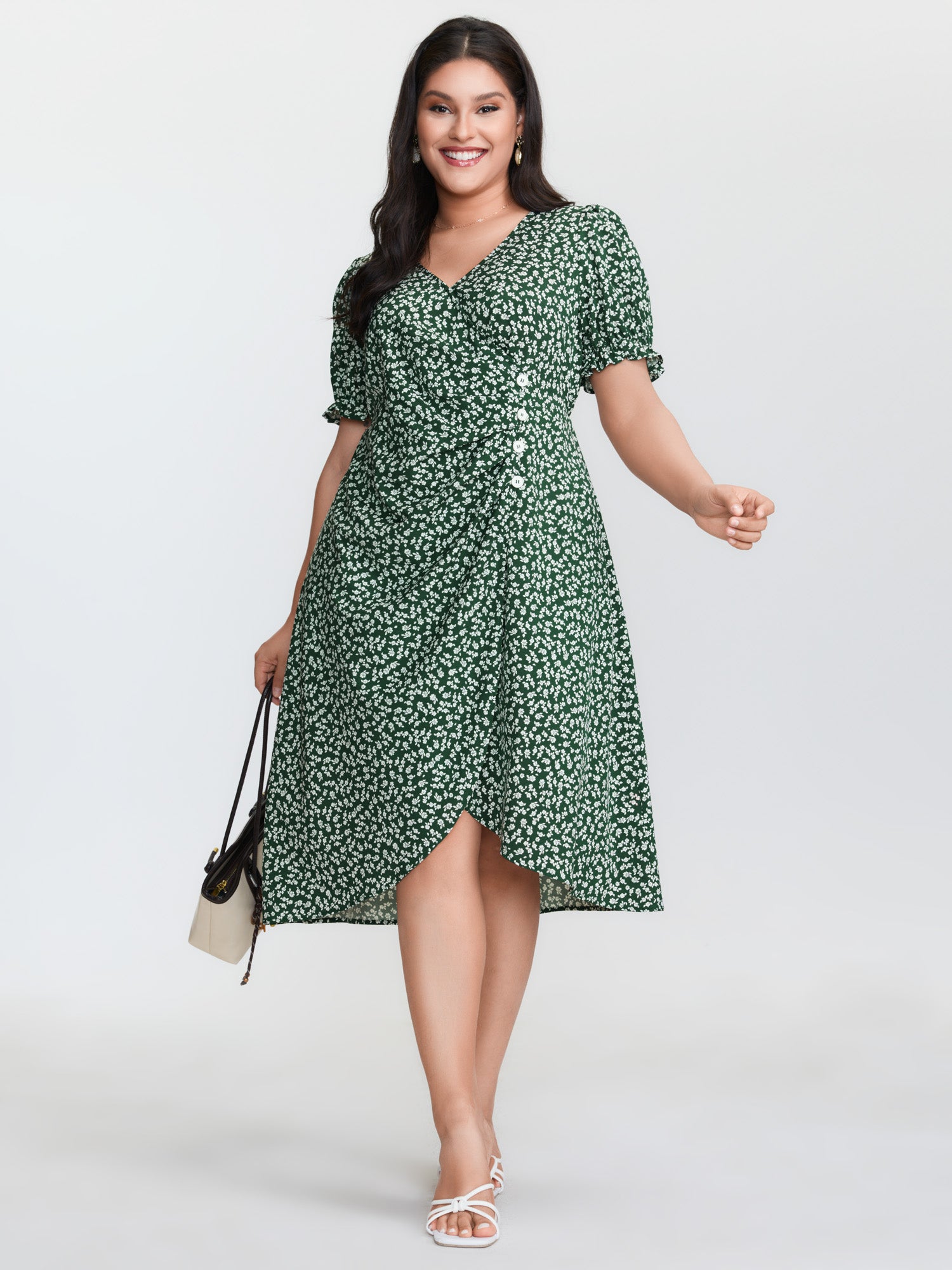 Micro Floral Print Ruched Button Detail Midi Dress