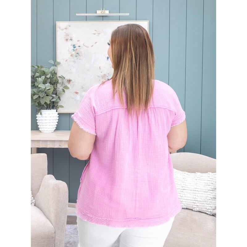 Women's Washed Double Gauze Short Sleeve Top with Raw Edge Detail