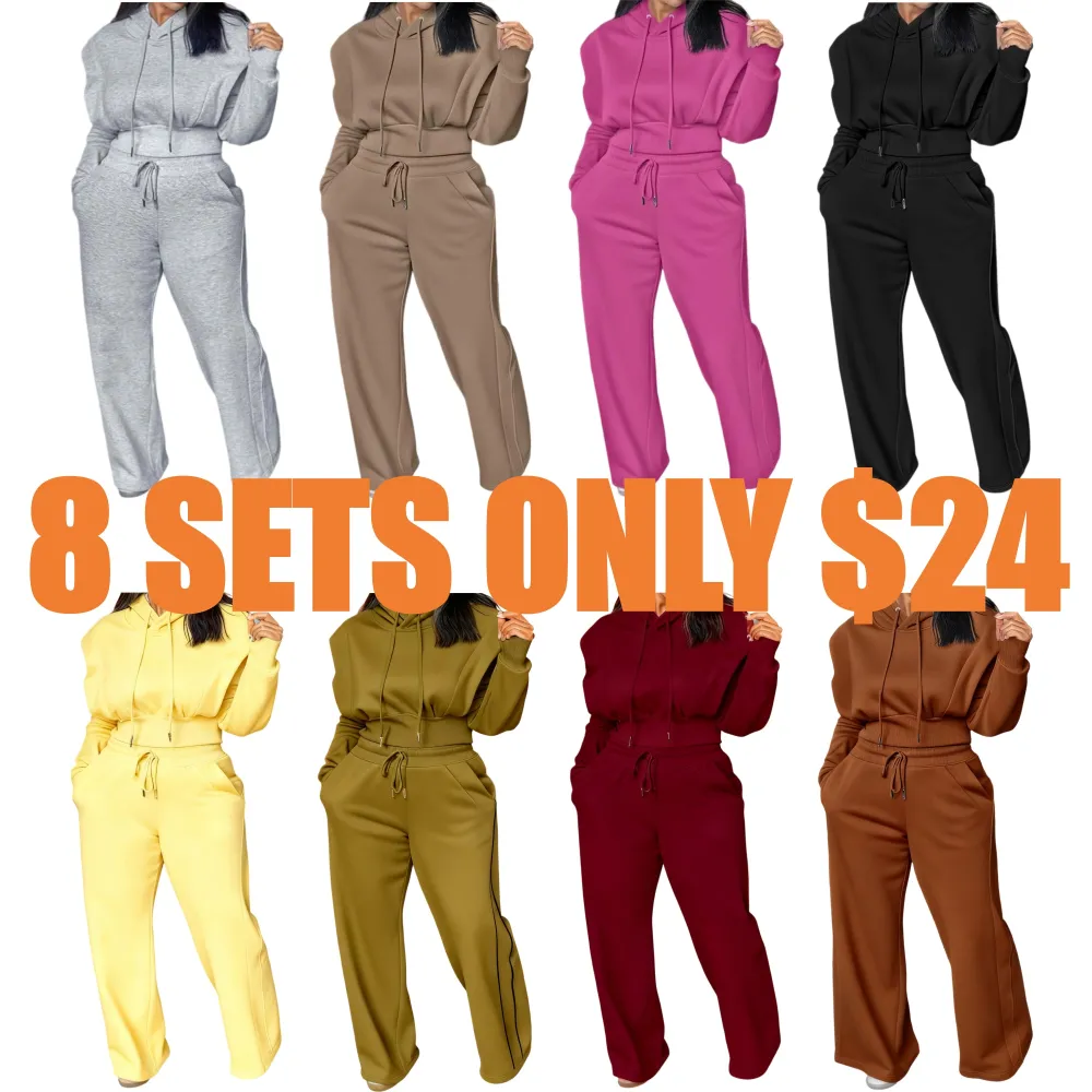 Hooded Long Sleeve Sweatshirt and Casual Wide Leg Sweatpants Set