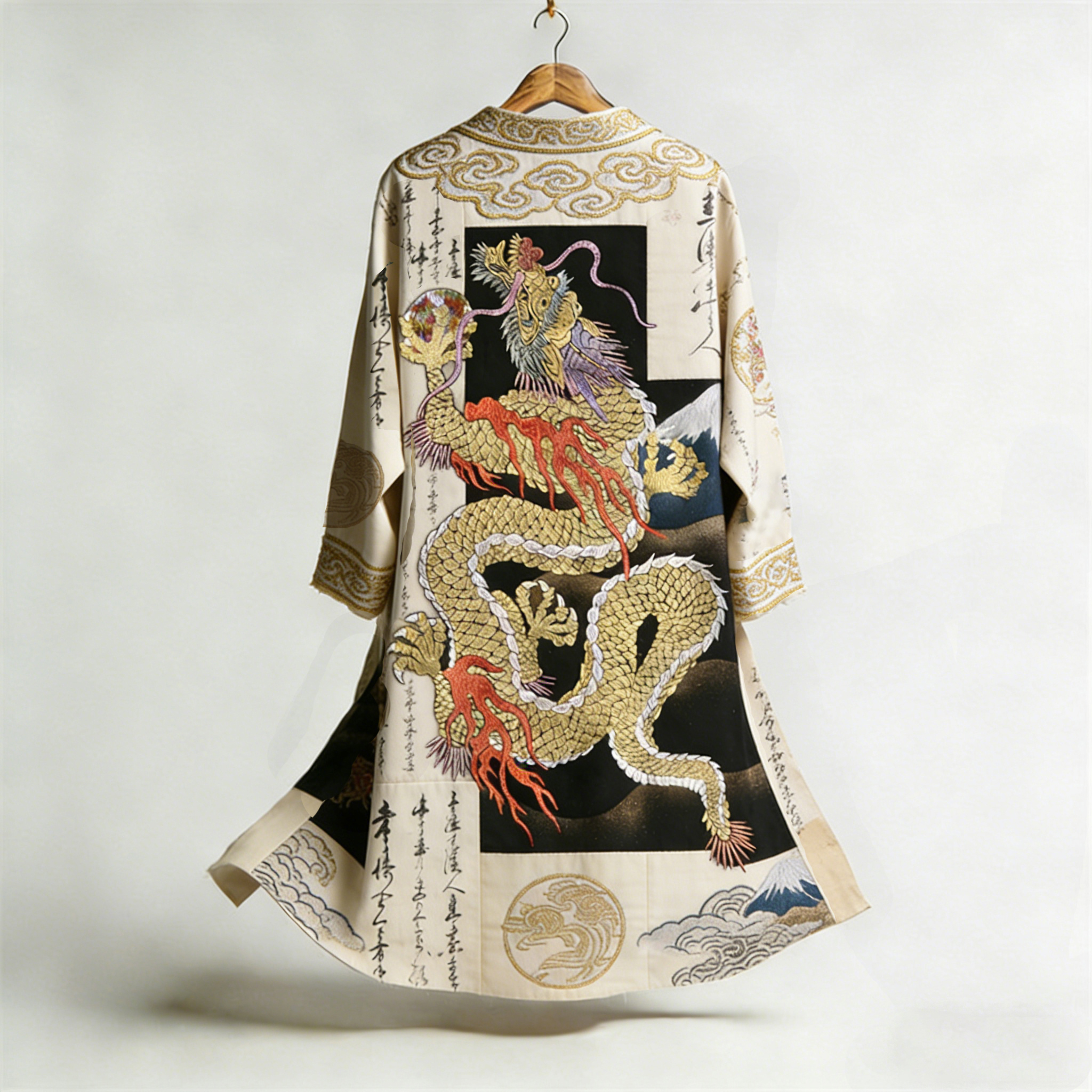Japanese Calligraphy Dragon Art Combined In A Linen Blend Kimono