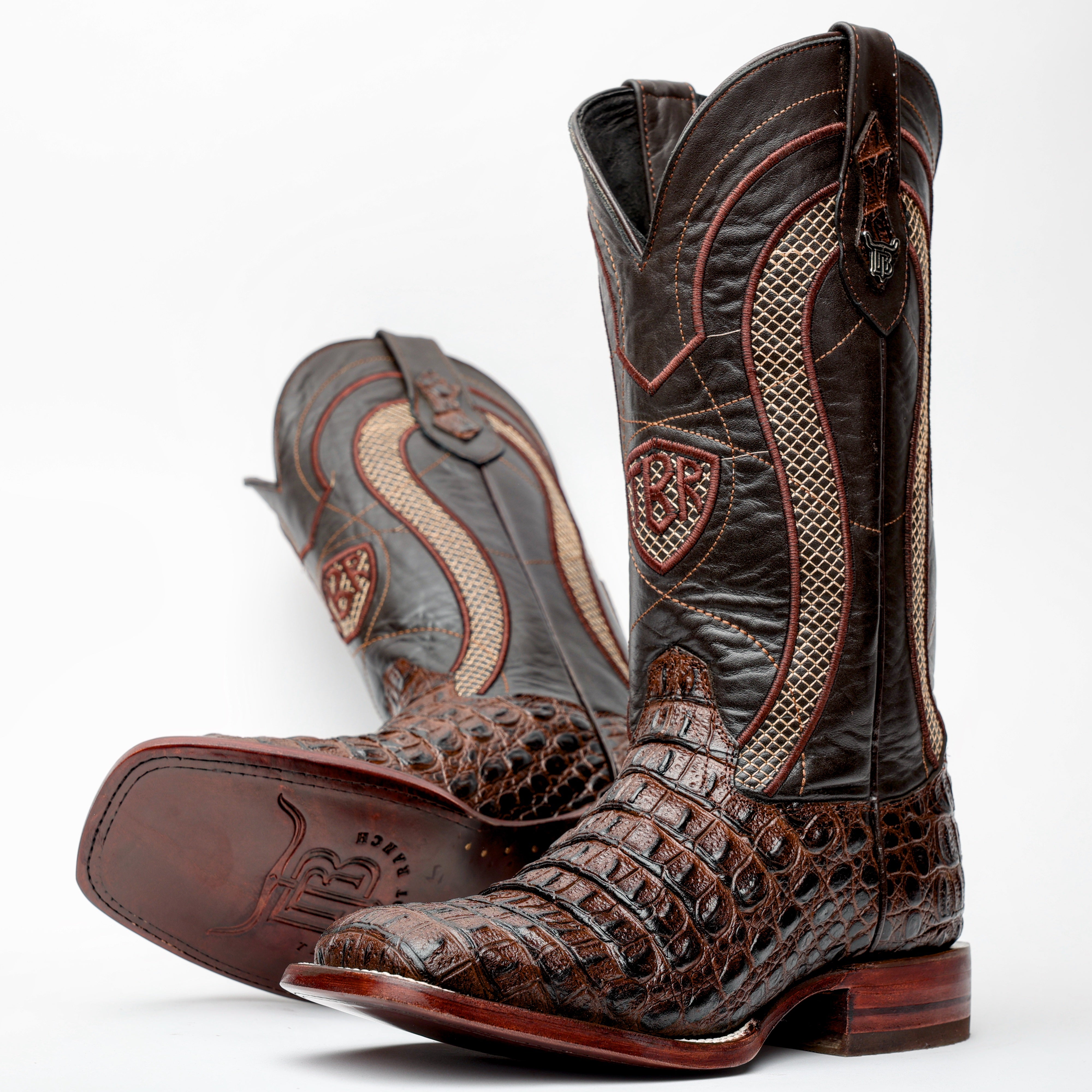 Chocolate Brown Caimán Hornback Leather Boots - Square Toe