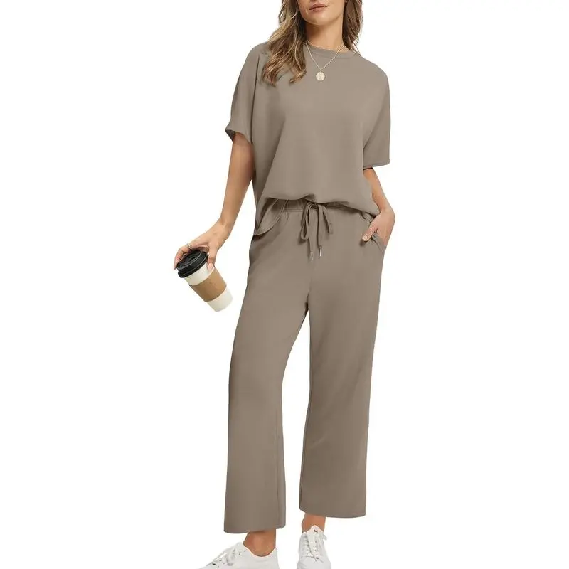 Two Piece Sets for Women Summer Outfits Oversized Wide Leg Crop Pants Lounge Sets