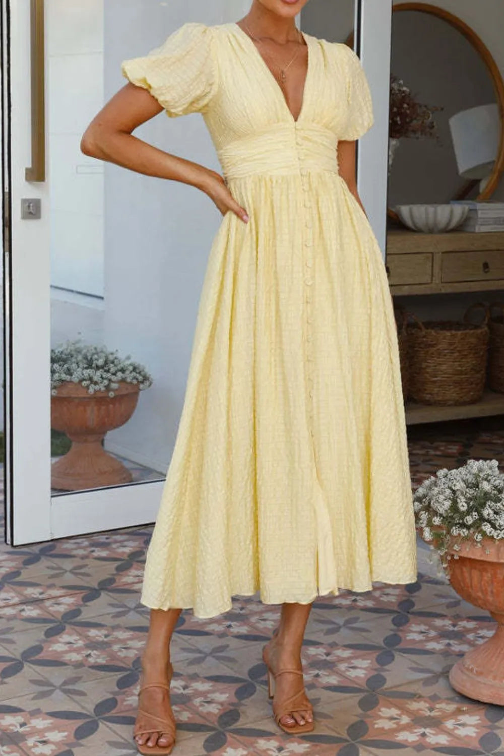 V-Neck Puff Short Sleeve Midi Dress