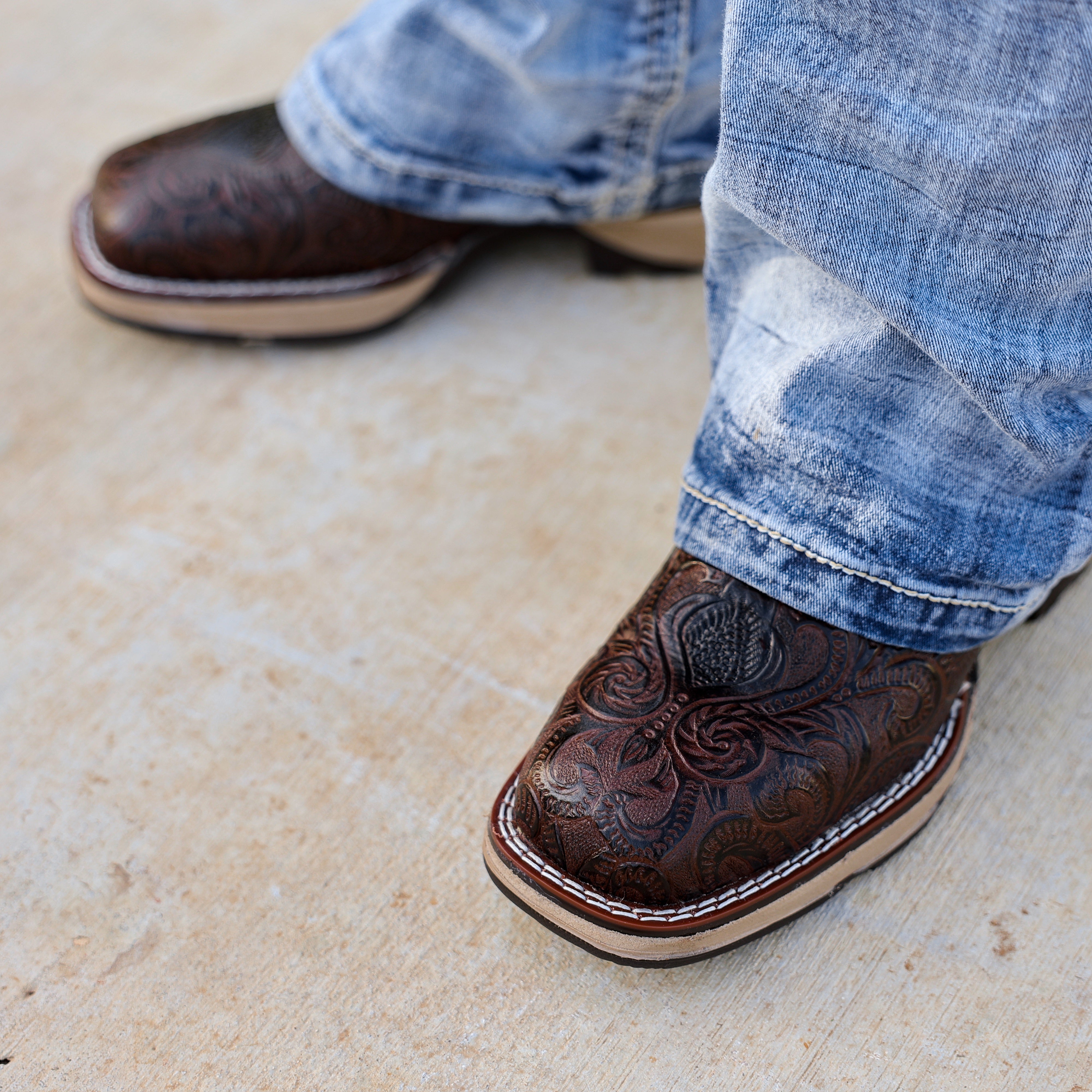 TBR Brown Hand-Tooled Leather Boots With 3D Lightweight Sole - Composite Toe