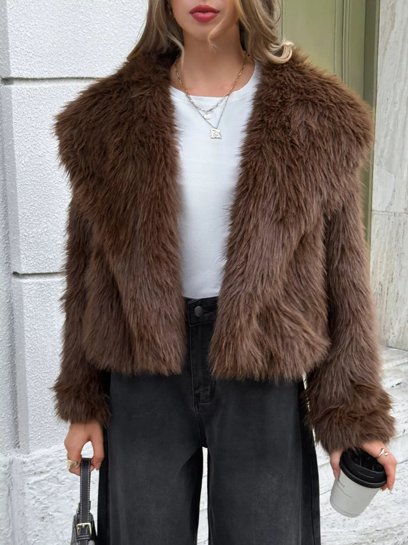 Open Front Faux Fur Cropped Jacket