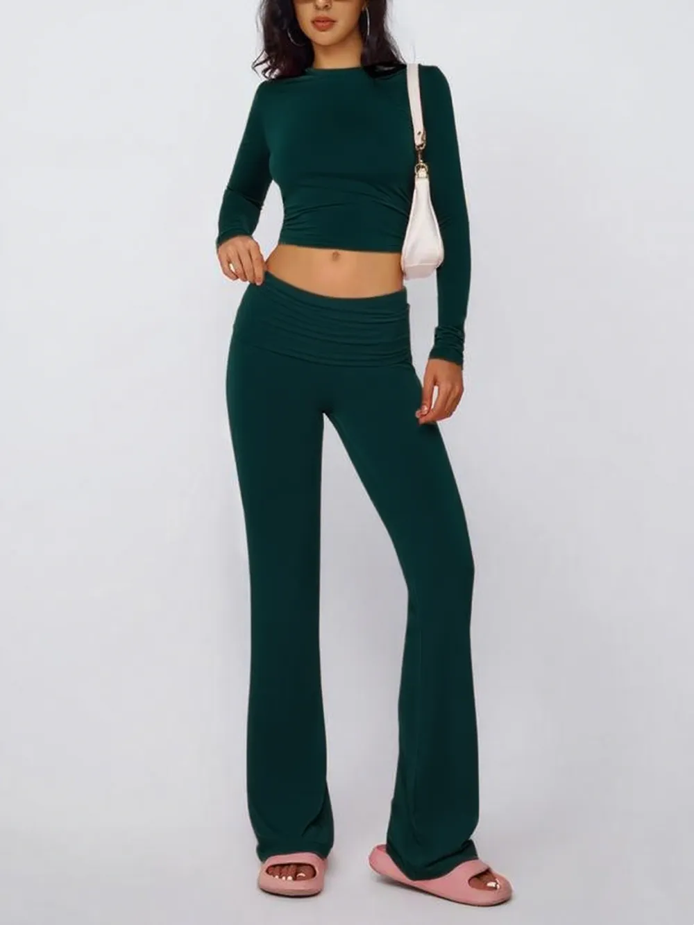 Women's Solid Long Sleeve Tee & Flare Leg Skinny Pants Loungewear Set