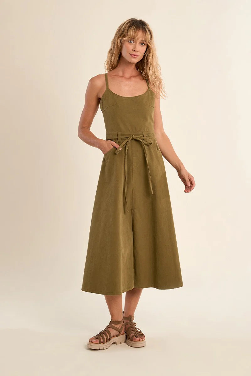 Tie Back Denim Dress in Khaki