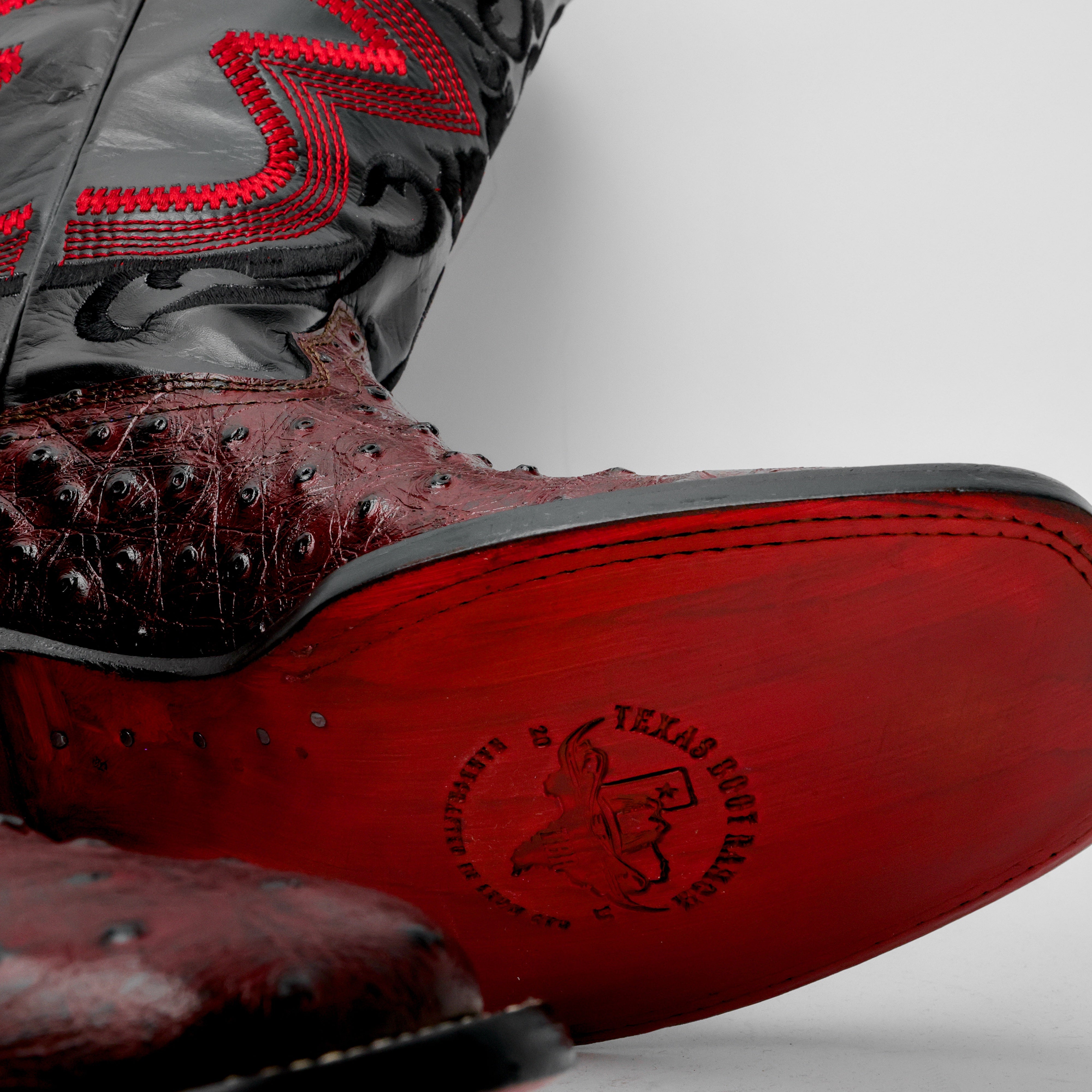 Black Cherry Ostrich Leather Boots - Square Toe