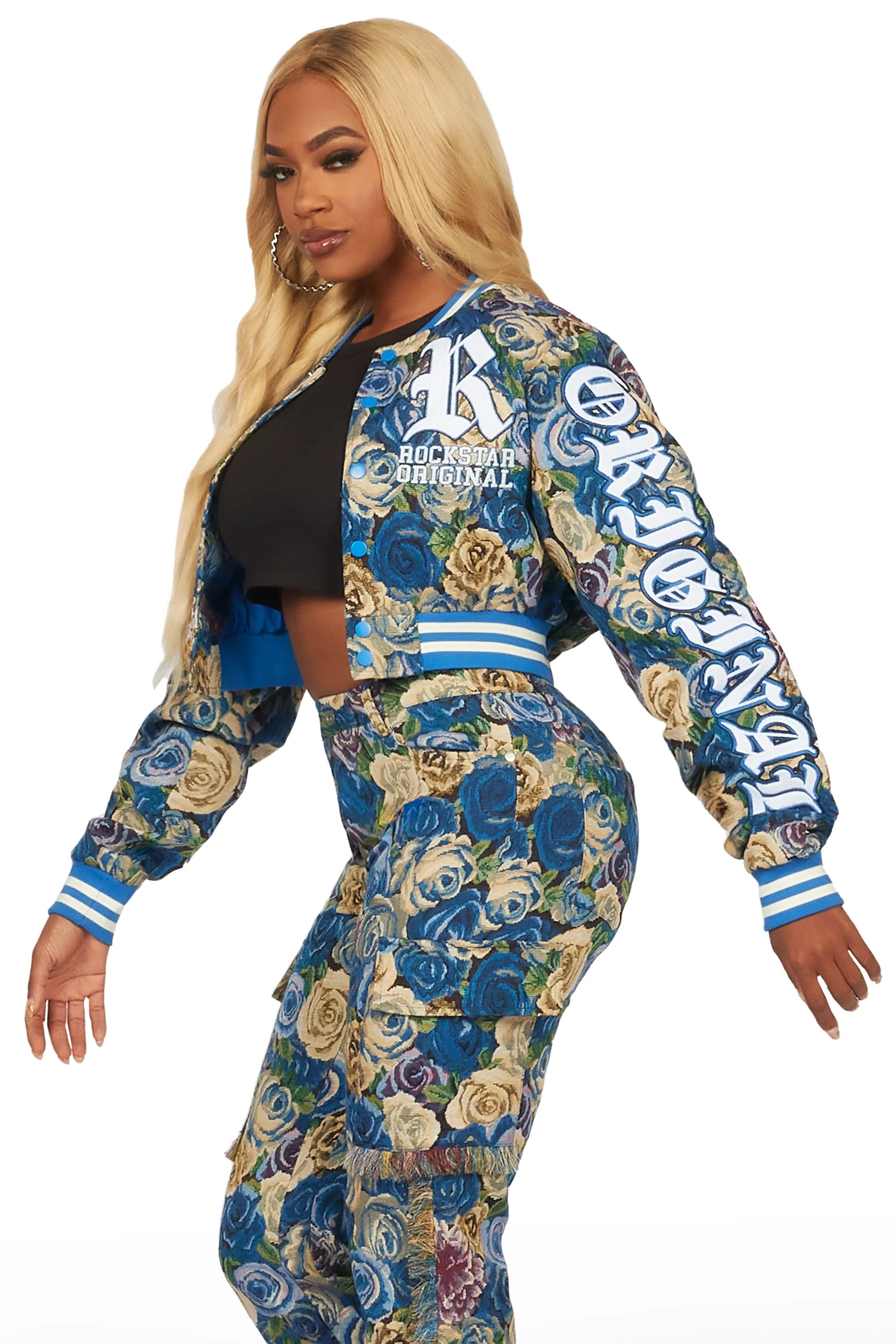 Darresha Blue Crop Tapestry Varsity Jacket